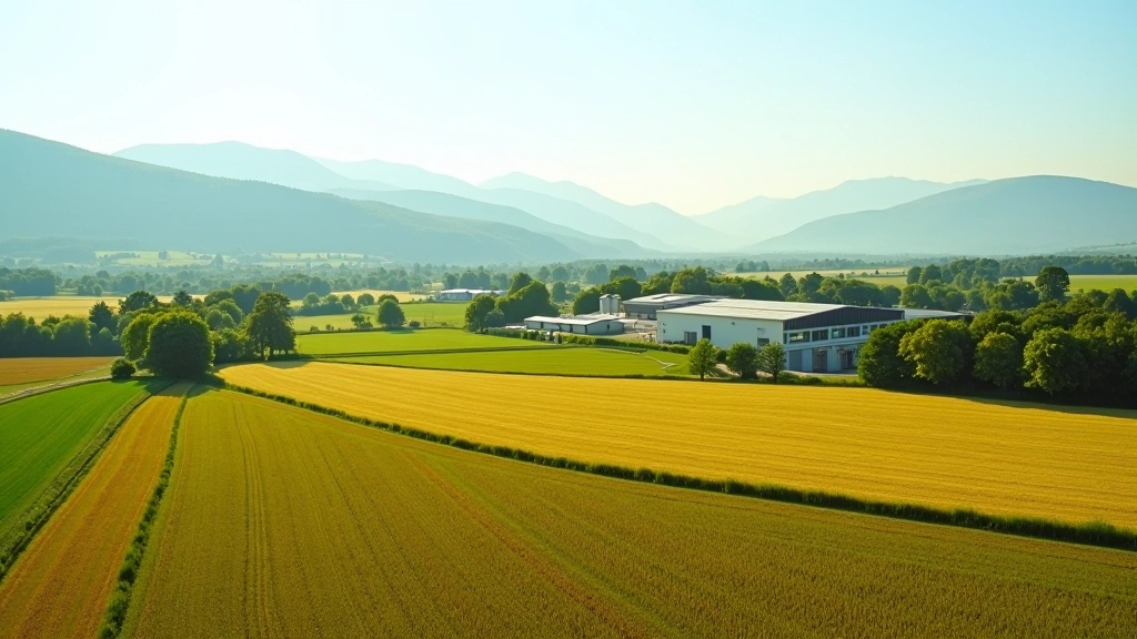 Landwirtschaftliche Region mit Fabrik im Hintergrund, verbindend zwischen Anbau und Verarbeitung