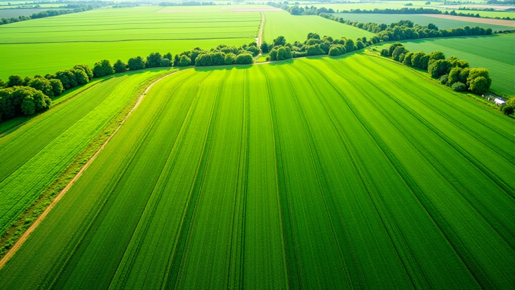 Luftaufnahme von Agrarfeldern mit verschiedenen Kulturen in strukturiertem Mosaik-Muster und Feldwegen