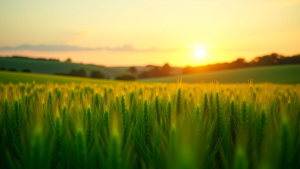 Landwirtschaftliches Feld mit grünen Getreidepflanzen und blauem Himmel bei Sonnenuntergang