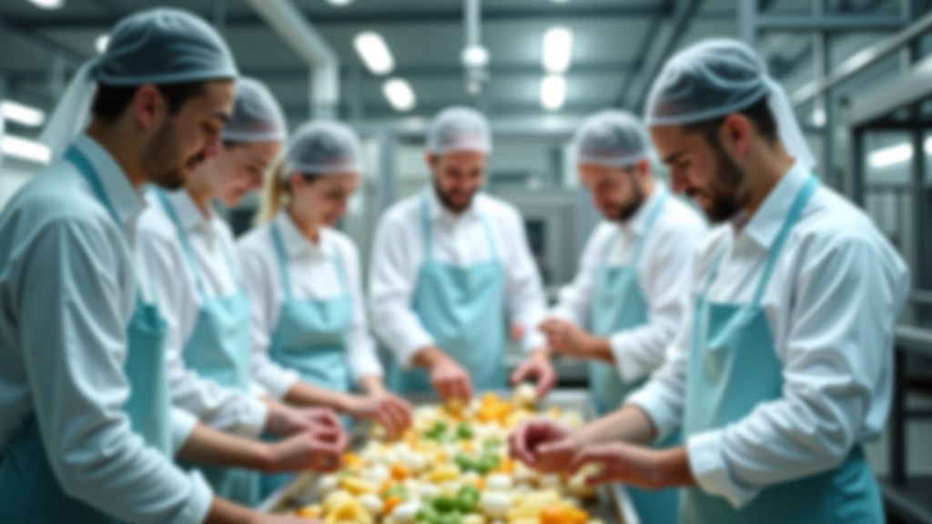 Team von Fachkräften in modernem Lebensmittelbetrieb bei Qualitätskontrolle und Verpackung