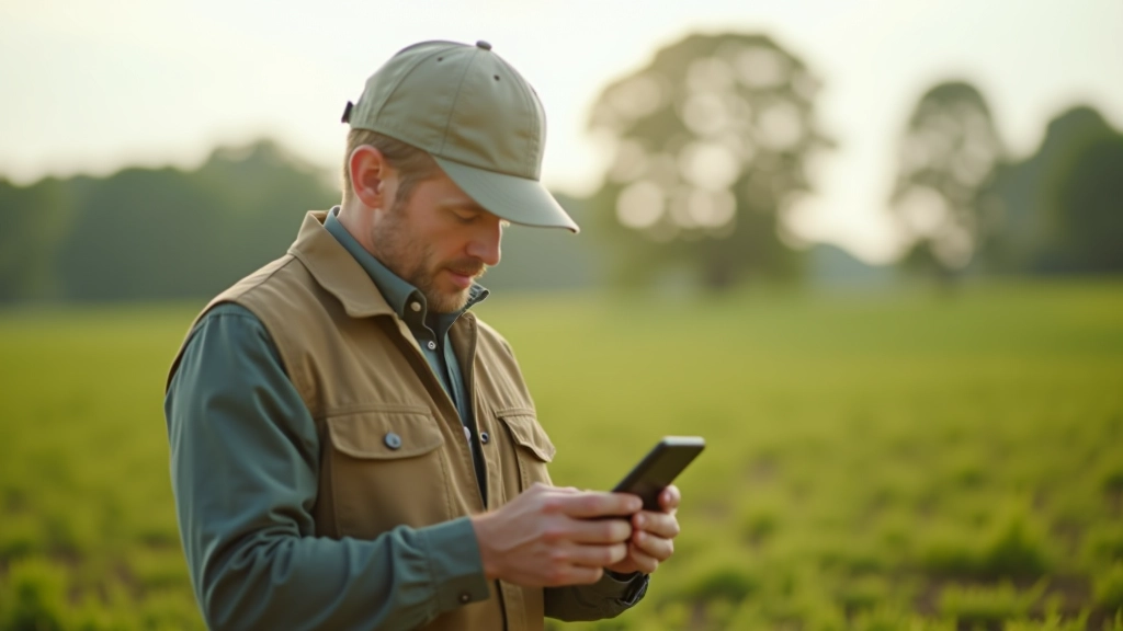 Landwirt mit moderner Technologie analysiert Felddaten auf Smartphone, digitales Farmmanagement Interface mit Karten und Sensoren