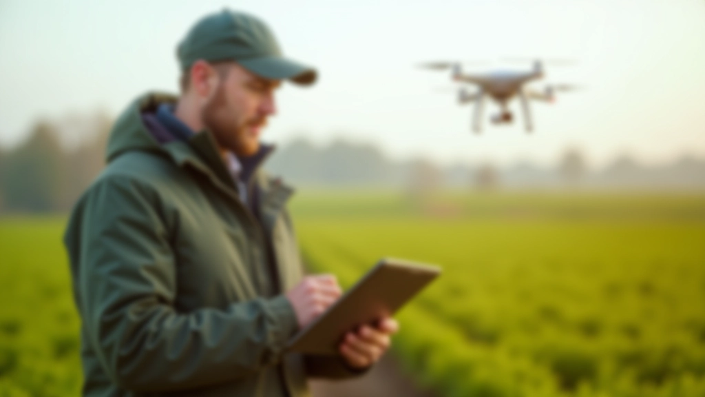 Landwirt mit Tablet-Computer inspiziert sein Getreidefeld, Drohne fliegt über Felder zur Datenerfassung