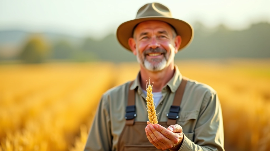 Bauer mit Getreideprobe auf dem Feld, überprüft Qualität der Ernte mit professionellem Blick