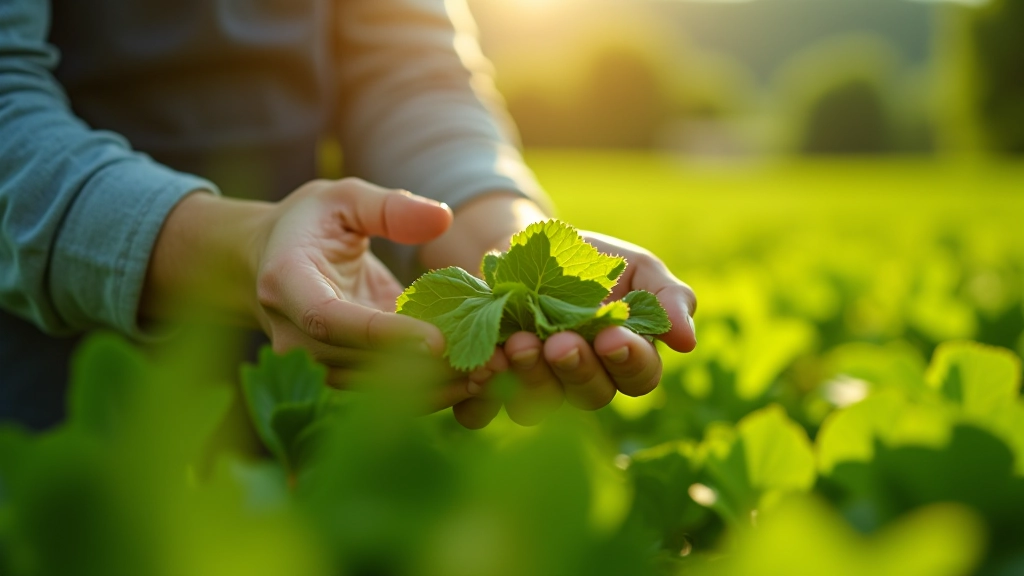 Landwirt bei der Kontrolle von ökologisch angebauten Pflanzen auf seinem Bio-Hof, Hände und Getreide sichtbar