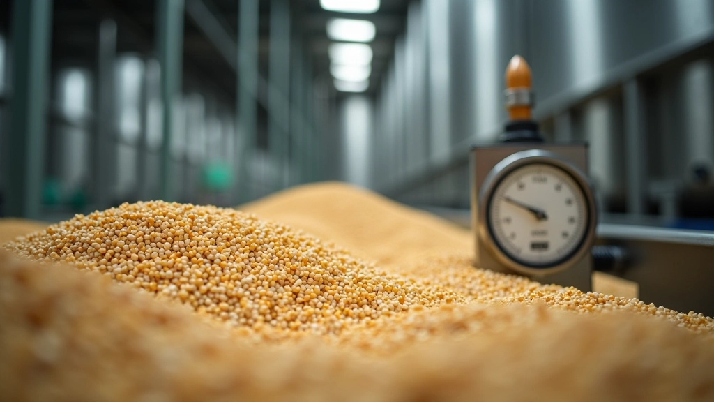 Nahaufnahme von Getreidekörnern in Lagersilo mit modernem Messinstrument zur Qualitätskontrolle