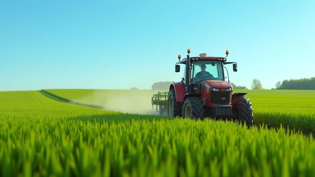 Moderne Felddatenerfassung mit GPS-Traktor, digitale Farmverwaltungstechnik im Feld, grüne Getreidekultur mit klarem Himmel