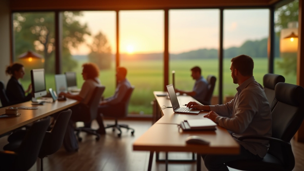 Moderner Coworking-Space in einem ländlichen Ort mit Fenstern zur Landschaft, Arbeitsplätze mit Computern und Holzmöbeln