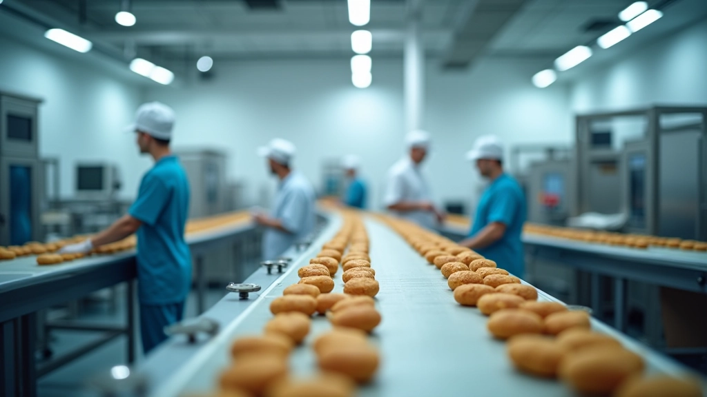 Lebensmittelverarbeitungsfabrik mit Maschinen und Verpackungslinien für industrielle Produktion