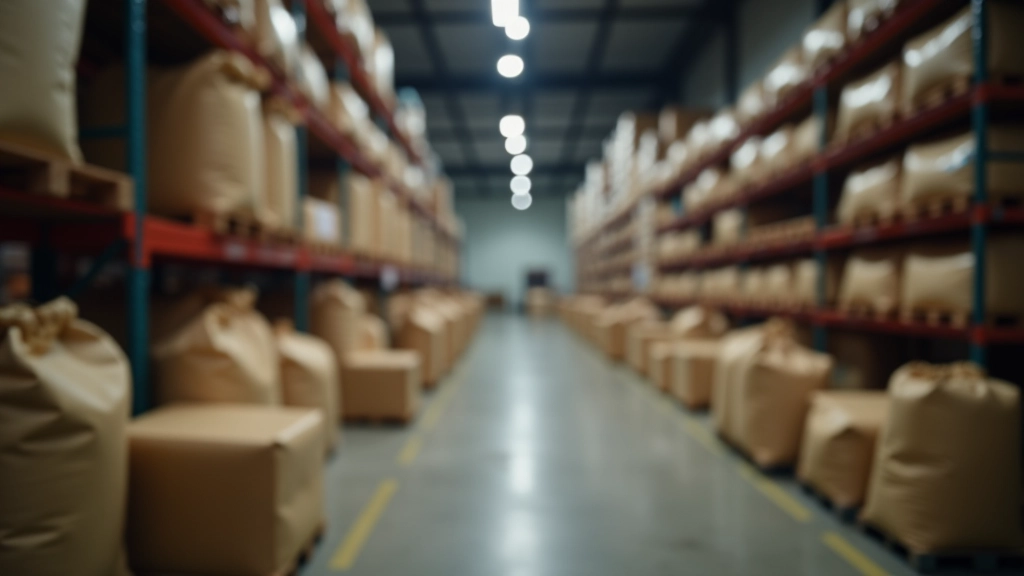 Stapel von Getreide und Rohstoffen in Lagerhalle mit Etiketten und Qualitätskontrollsystem