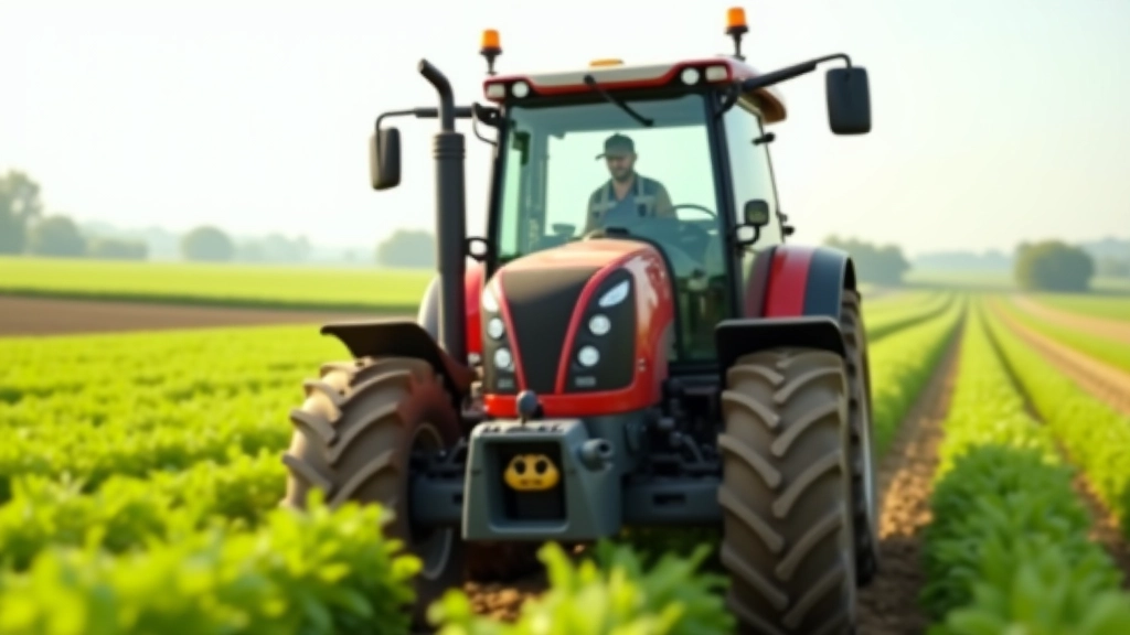 Traktor auf grünem Feld bei der Ernte mit modernem Equipment und Fahrerhaus