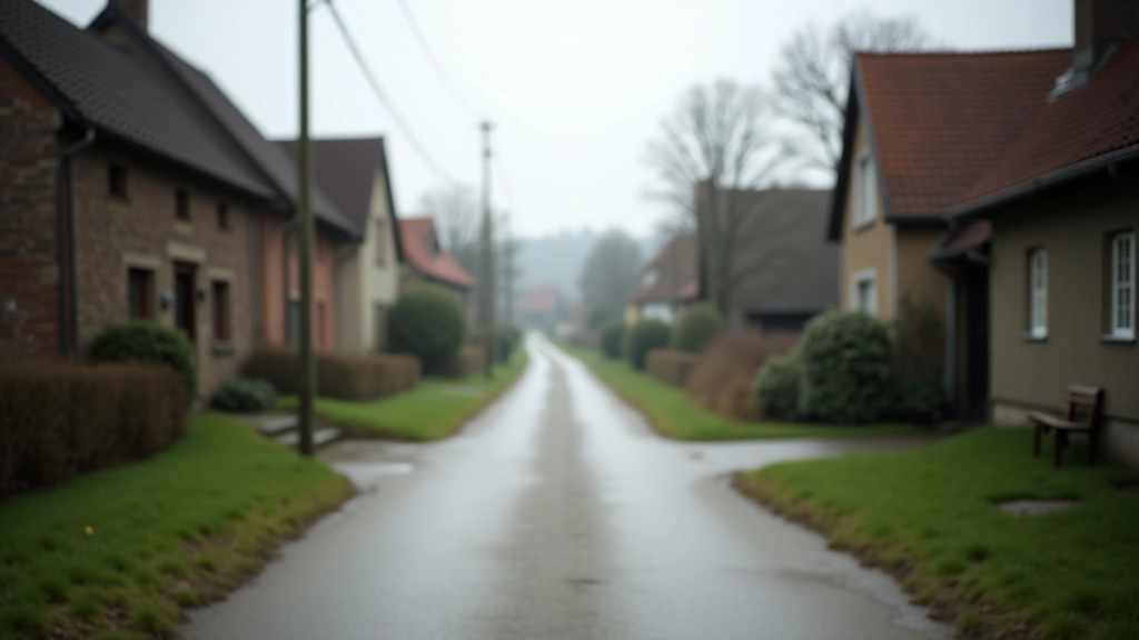 Leere Straße in einem verlassenen Dorf, verlassene Gebäude und reduzierte Bevölkerung in einer ländlichen Region