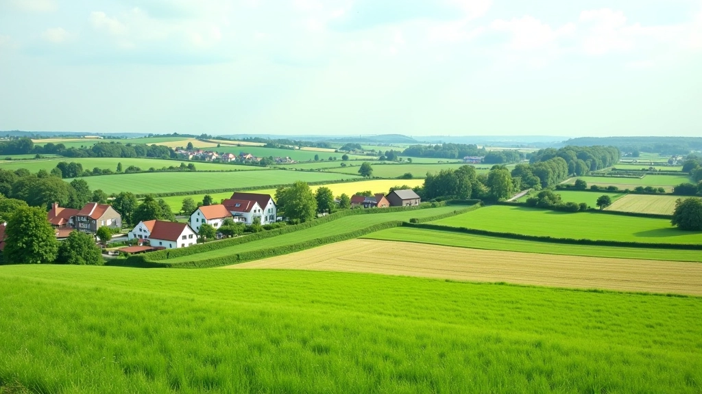 Ländliches Dorf mit traditionellen Bauernhöfen, grünen Wiesen und moderner Infrastruktur in Deutschland