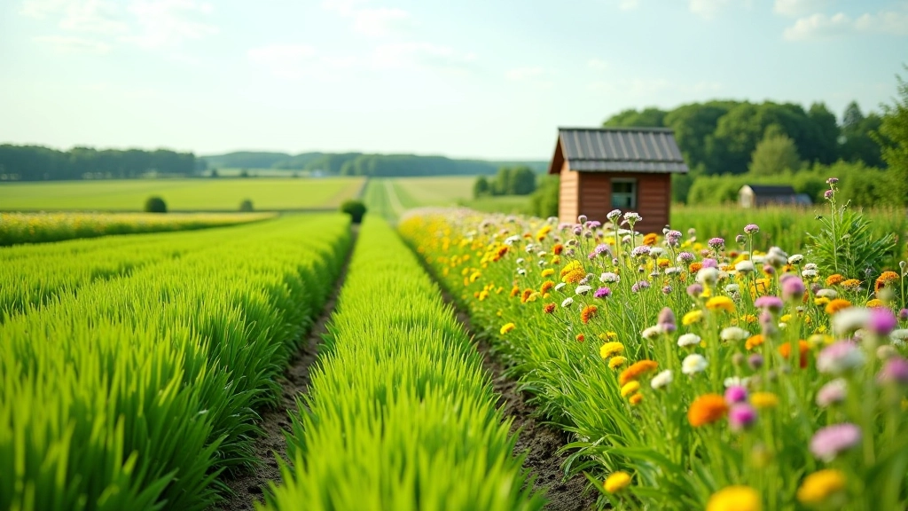 Nachhaltige Anbaumethoden mit Feldrandstreifen, Blühflächen und Insektenhotel in modernem Ackerbau