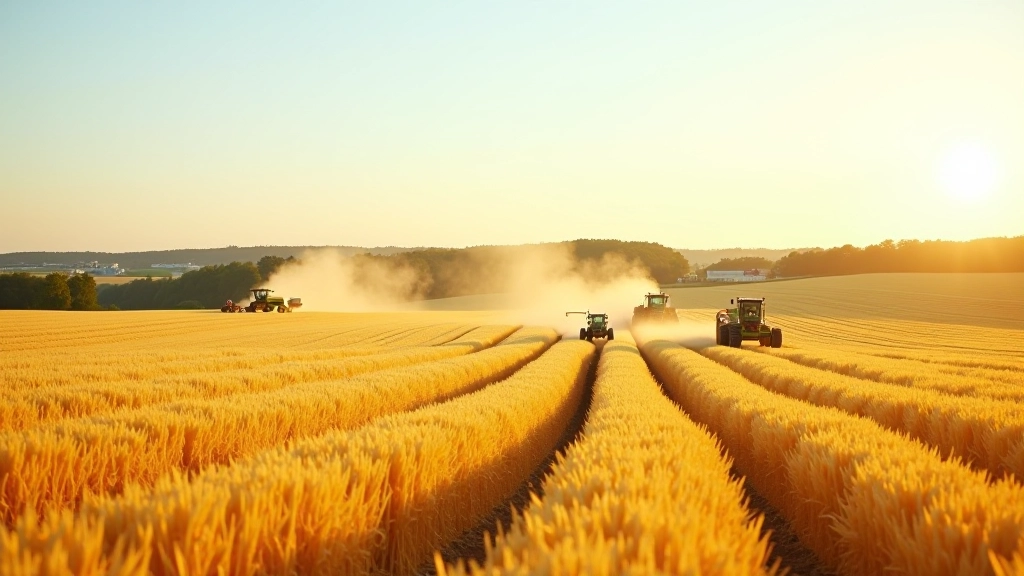 Übersicht eines großflächigen Agrarfeldes mit Maschineneinsatz, moderne Bewirtschaftung in breiter Perspektive